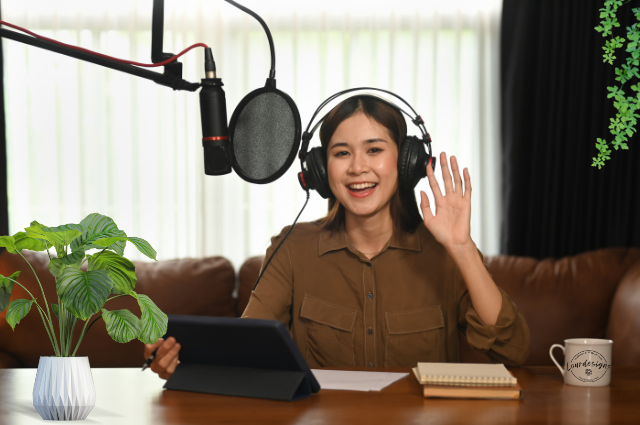woman at mic for podcast